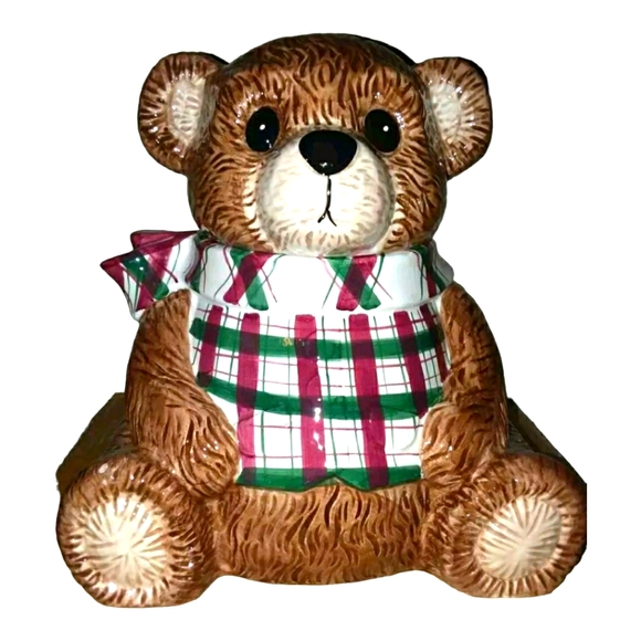 HOLIDAY WORKSHOP 9.5" HIGH TEDDY BEAR COOKIE JAR BROWN WITH PLAID SHIRT - Picture 1 of 2